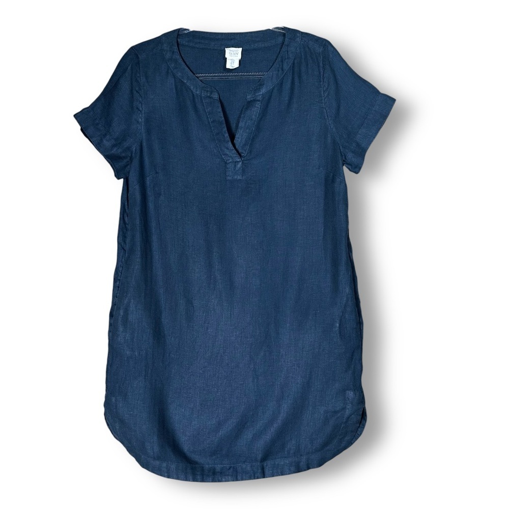 Sigrid Olsen 100% Linen Dress Sz M Short Sleeve Shift Blue Coastal Resortwear